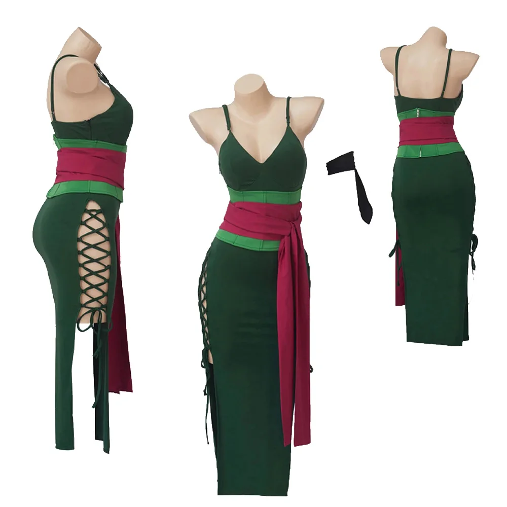 

Female Roronoa Cosplay Zoro Costume Fantasy Women Jumpsuit Outfits Sexy Green Dress Belt Anime Halloween Carnival Party Suit