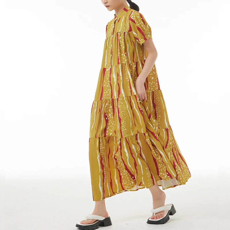 

Johnature Summer 2024 New Women Loose Dress Casual Short Sleeve Vintage Print Cake Hit Color Fashion Simple Dresses