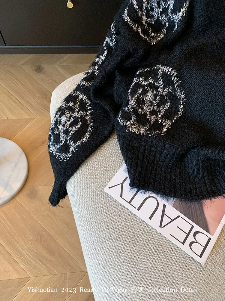 2023 Autumn Winter Black O-Neck Sweaters New Fashion Casual Knitted Top Pullovers Office Lady Oversized Jacquard Sweater Gothic