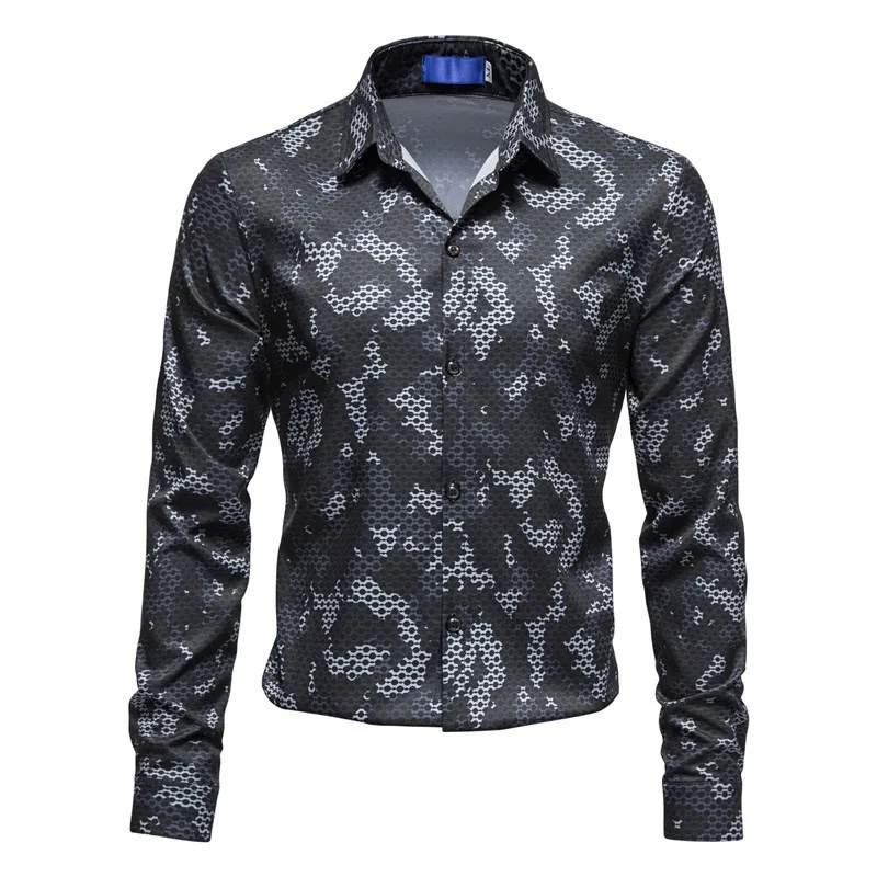 

AL669111367973 Men's Clothing European Long Sleeved Bottoming Fashion Business Mesh Snake Skin Net Long Sleeved Shirt