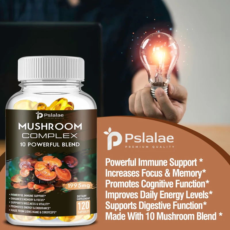 Mushroom Complex Capsules-Lions Mane Chaga Reishi Cordyceps-Support Immune System Memory Focus and Relieve Stress