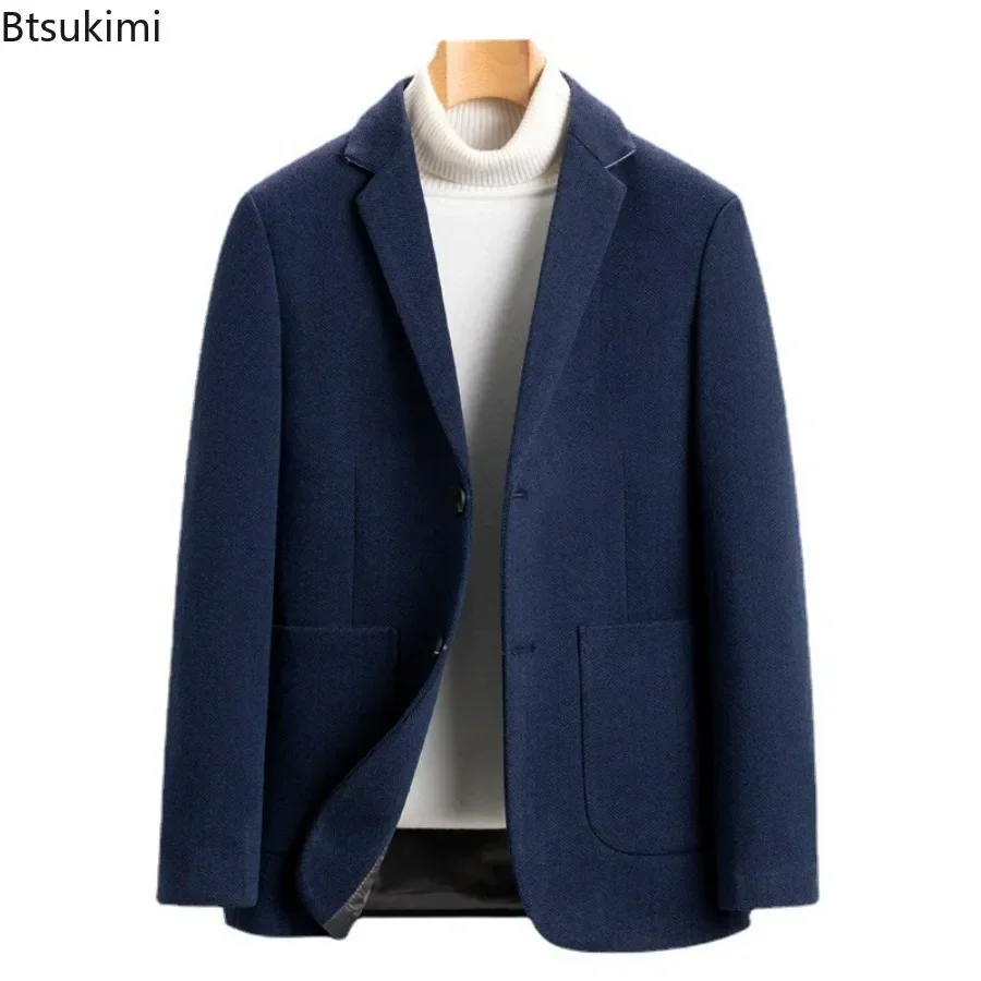 New 2025 Men's Woolen Suit Jacket Top Luxury Autumn Winter Men Casual Business Wool Single Breasted Blazer Overcoats Men Blazer 4