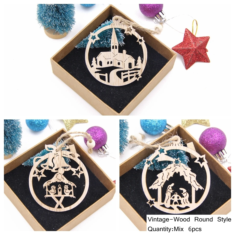 Christmas Wooden Pendants Hollowed Bell/Star/Ball Hanging Ornaments Naviada Home Party Tree Decor DIY Painting Noel Gift 9Pcs