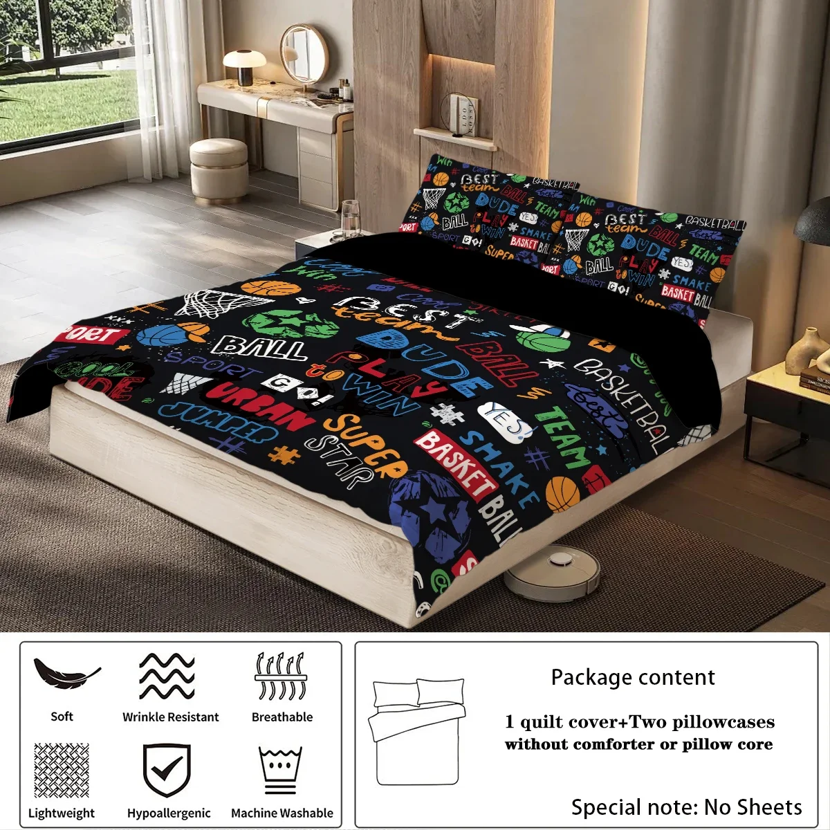 3-piece set, cartoon basketball pattern printed duvet set, queen, king, double bed, party  funny and creative bedding set