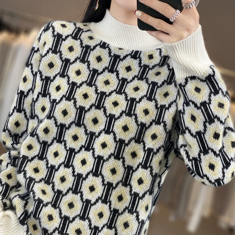 

Winter Women Sweaters Fashion Casual Long Sleeve Half High Collar Thick Female Pullover 100% Wool Knit Tops Clothing Warm Jumper