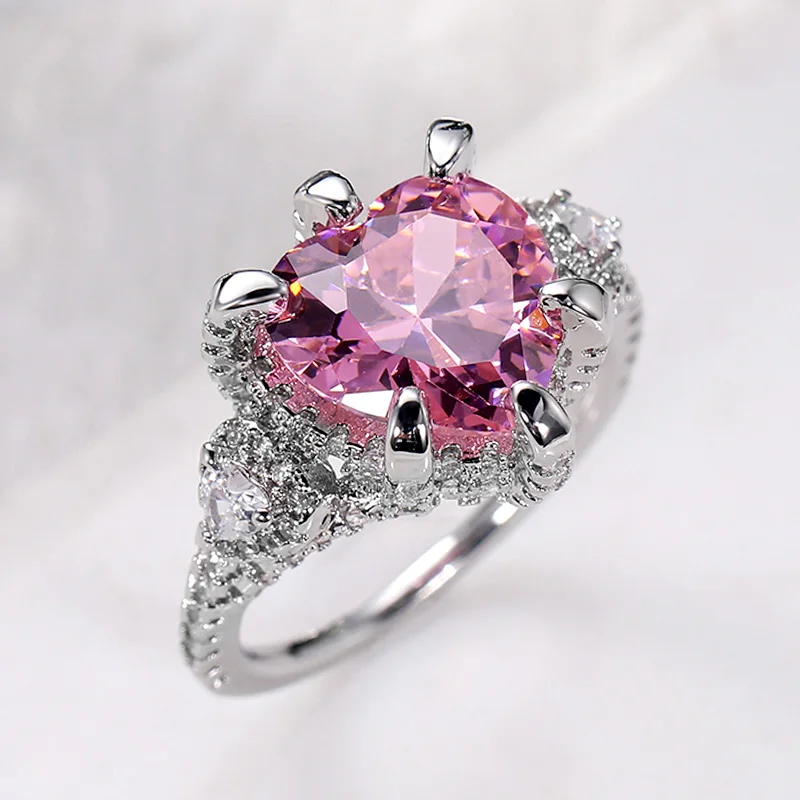 

New Romantic Pink Heart CZ Engagement Rings High Quality Temperament Sweet Women Accessories Fashion Jewelry Drop Shipping