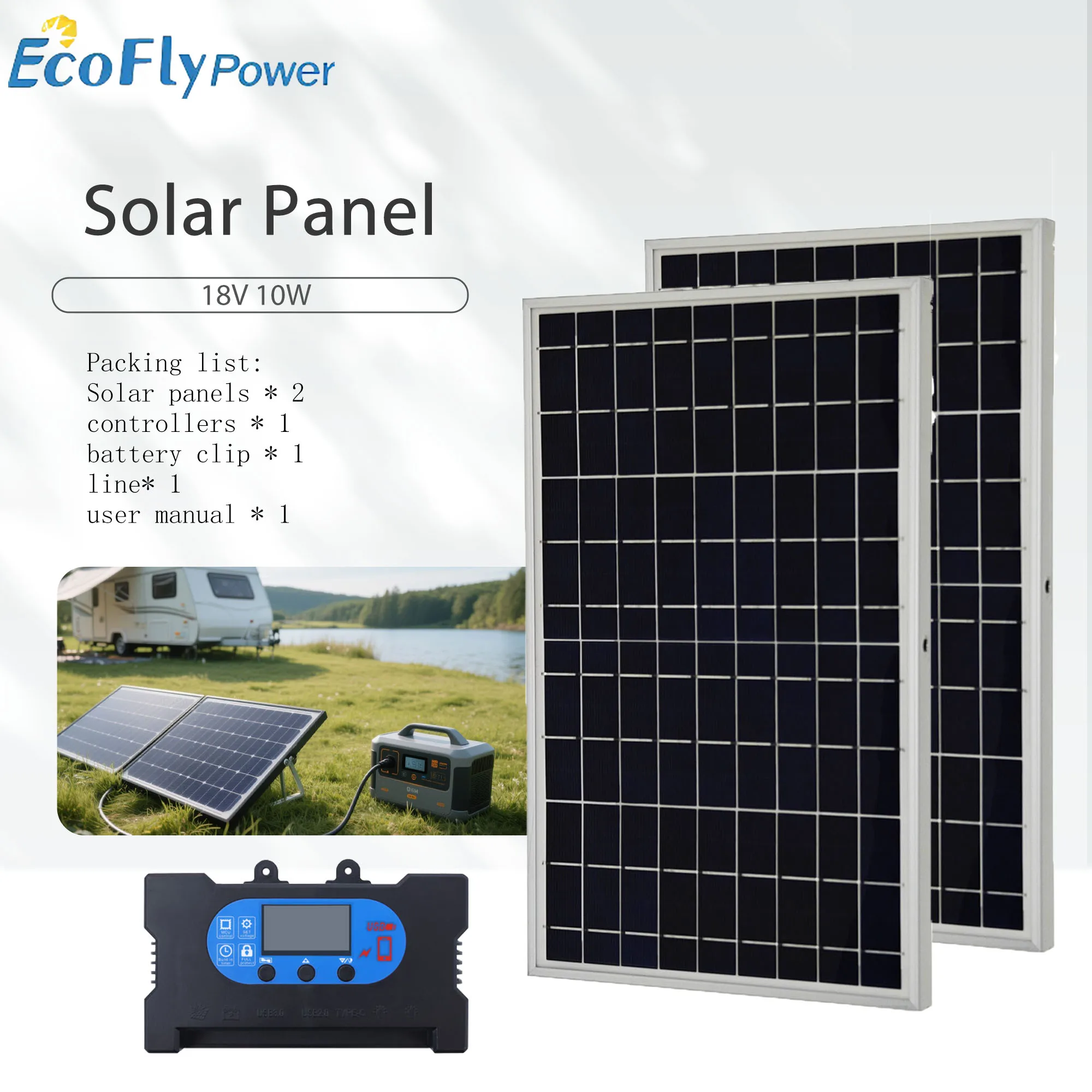 ﻿   แผงโซลาร์เซลล์ 10W 18V พร้อมคอนโทรลเลอร์ 10A แผงชาร์จพลังงานแสงอาทิตย์สำหรับการเดินทาง ตั้งแคมป์ ชาร์จโทรศัพท์ แบตเตอรี่รถยนต์ และเครื่องกำเนิดไฟฟ้า 1