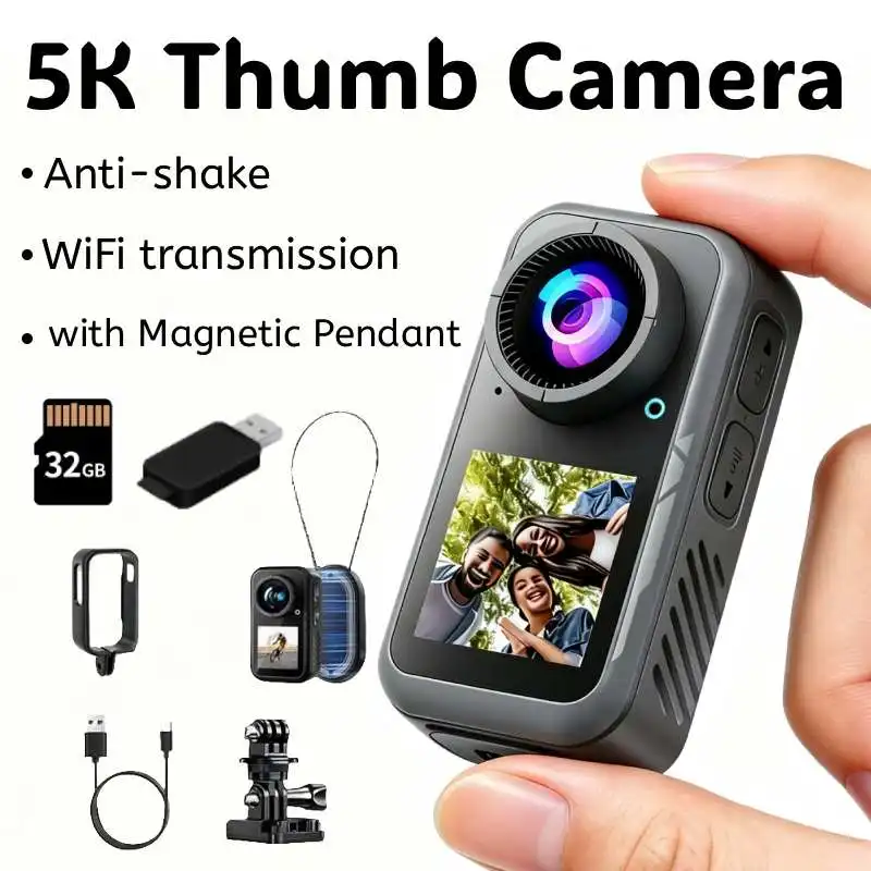 5K HD Thumb Action Camera with Wearable Magnetic Pandent 130° Wide Angle Dual Screen Vlog Recorder Pocket Cam for Cycling Travel