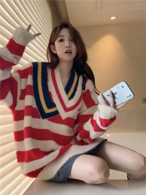 Contrast Color Striped Pullovers Women V-neck Long Sleeve Loose Casual Sweaters High Street Fashion Knitted Pull Femme 1