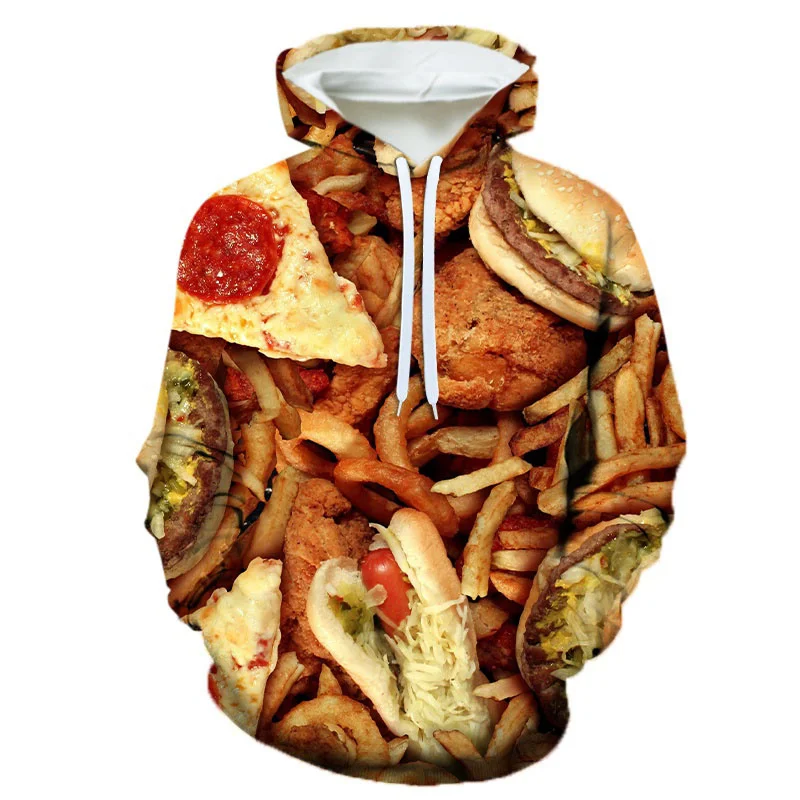 Sudadera con capucha de manga larga para hombre con estampado 3D de filetes, ensaladas, patatas fritas y comida, con estampado de hamburguesas, informal