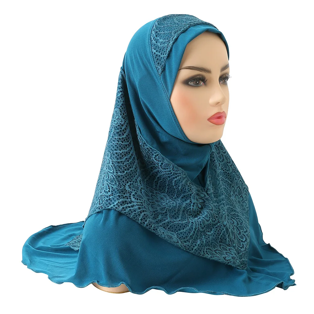

2023 New Ramadan Women Hijab Crystal Hemp Turban Hats Lace Splicing Muslim Head Wrap 70*60CM Fashion Scarves Headscarf