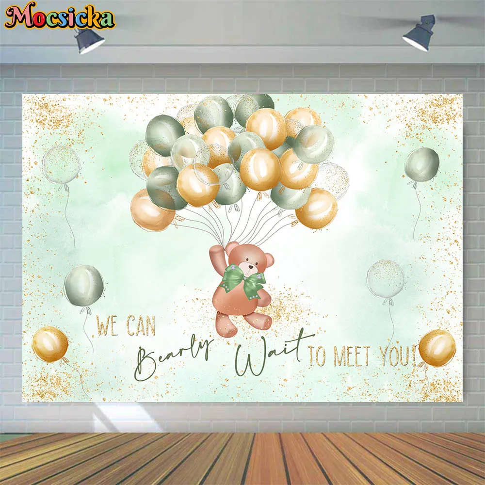 

Mocsicka Baby Shower Backdrop Bear Green and Golden Balloon We Can Bearly Wait Banner Party Decor Background Studio Photoshoot