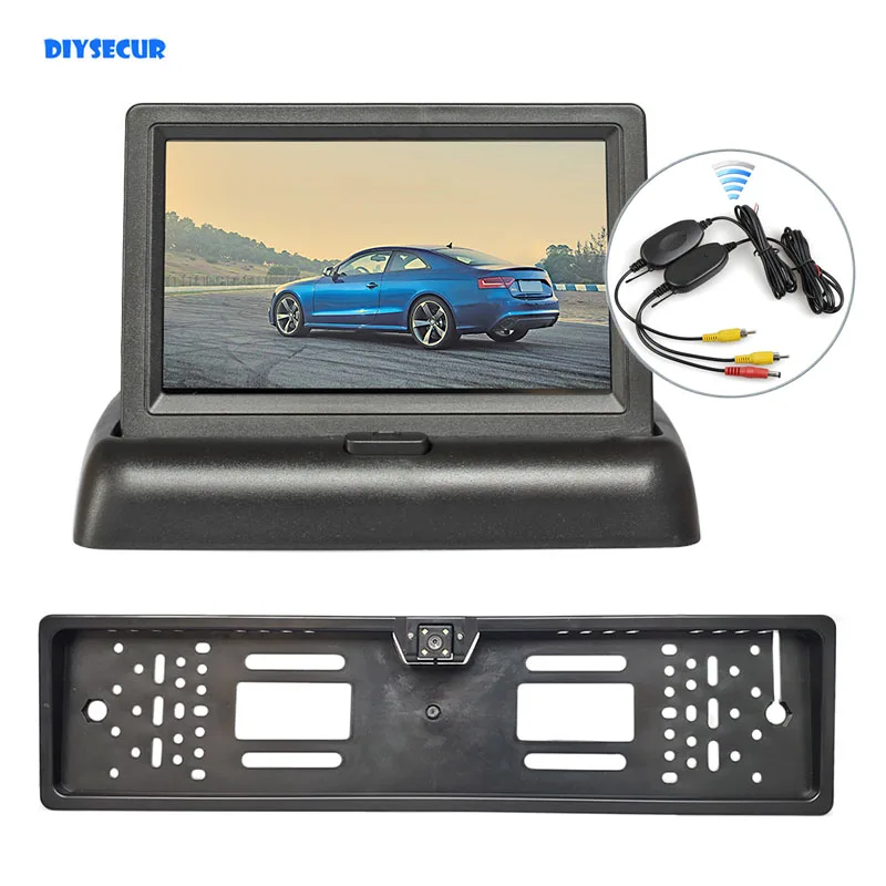 

DIYSECUR Wireless 4.3inch Foldable LCD Display Car Monitor Waterproof European Car License Plate Frame Rear View Backup Camera