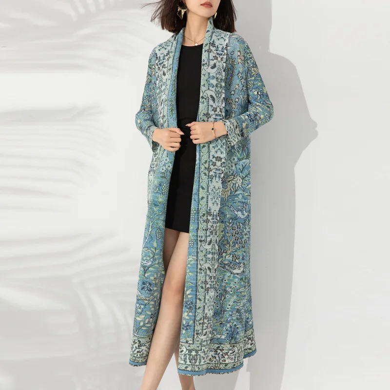 

ALSEY Miyake Spring Autumn New Trench Coat Women Fashion Temperament Elegant Printing Cardigan Long Section Lapel Stretch Coat