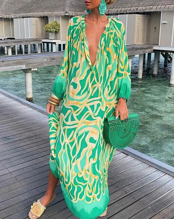 

Women's Spring and Summer Fashion Casual Elegant Dress Abstract Print Lantern Sleeve Shirt Temperament Commuting Dress