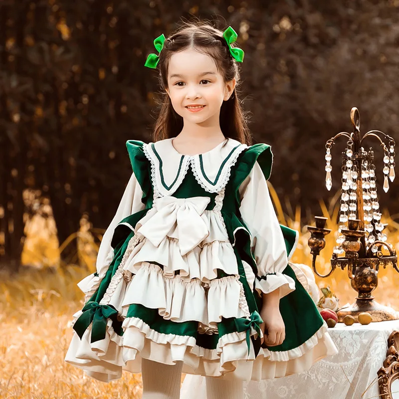 

Kids Girls Lolita Dress For New Year 2022 Fashion Flare Sleeve Loose Ruffle Layered Hem Ball Gowns Children Party Dresses