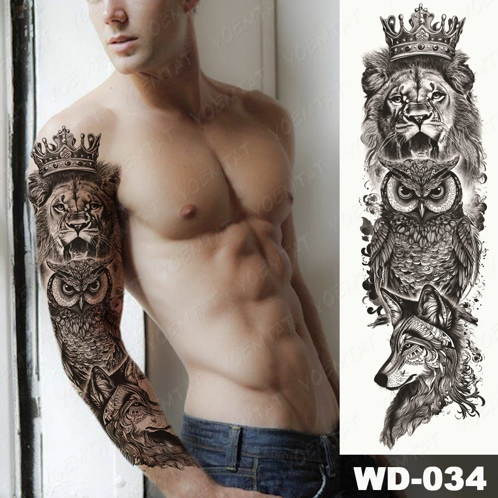 Große Arm Sleeve Tattoo Lion Crown König Rose Wasserdicht Temporäre Tatoo Aufkleber Wilden Wolf Tiger Männer Voller Schädel Totem Gefälschte tatto