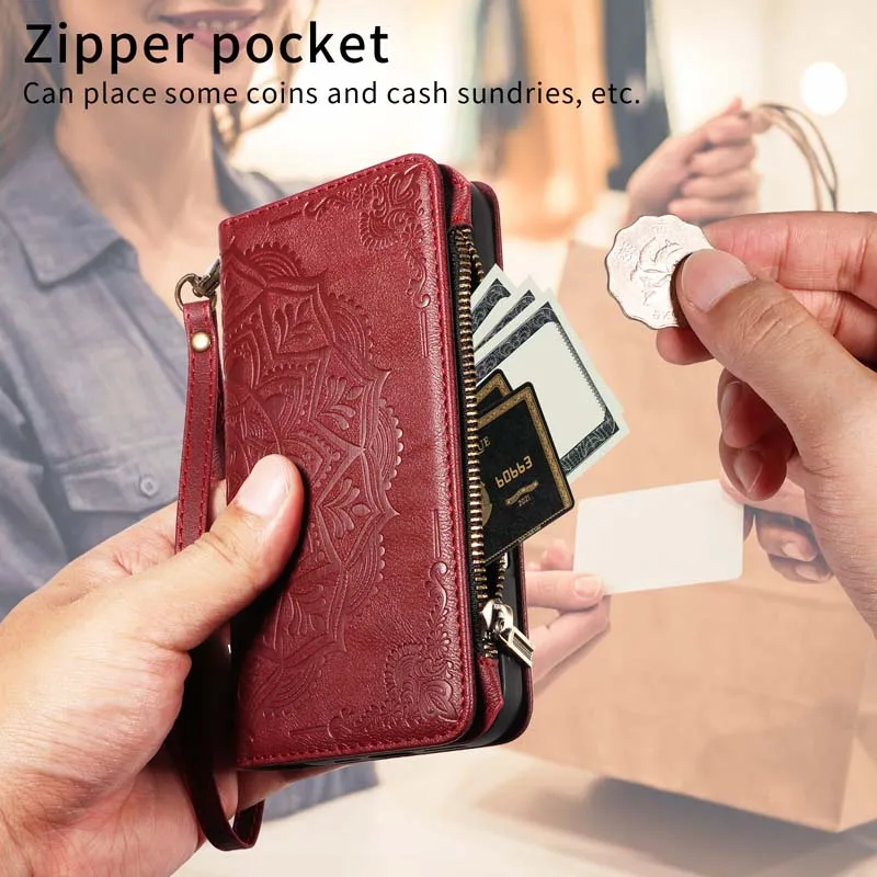 Zipper Leather Flip Phone Case with 9-Card Wallet Cover