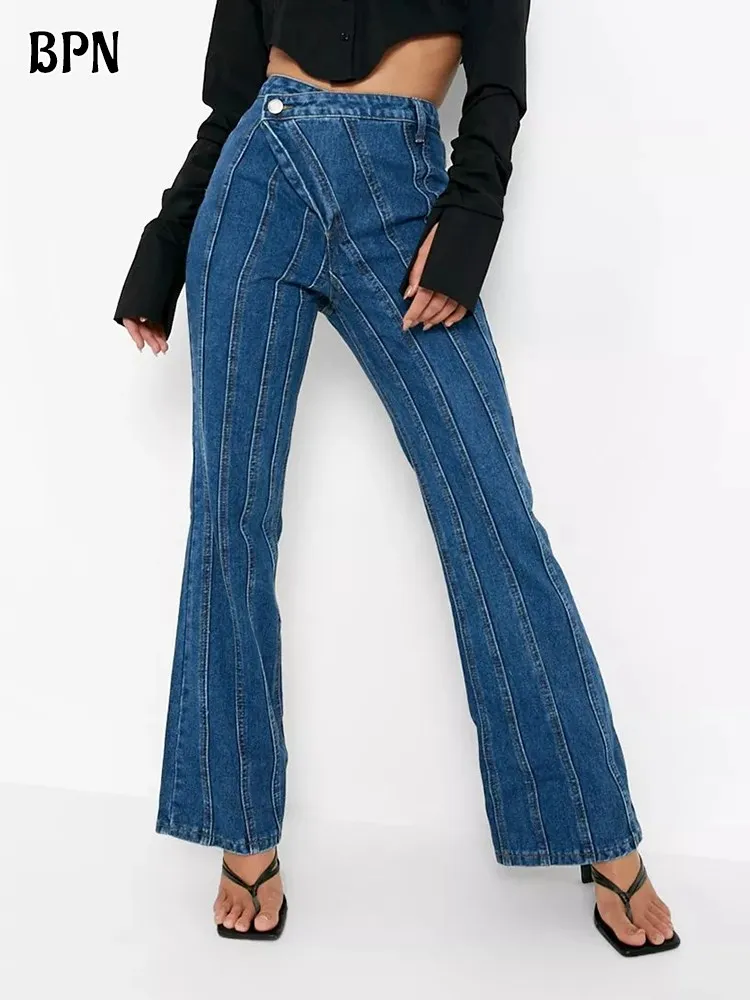 BPN Striped Denim Pants For Women High Waist Asymmetrical Patchwork Pocket Chic Solid Straight Trousers Female Fashion Clothing