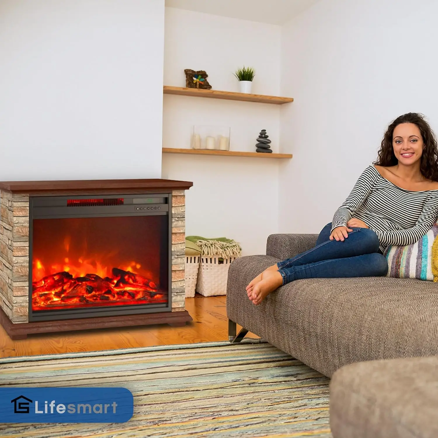LifePro 1500Watt Electric Infrared Quartz Fireplace Heater for Indoor Use with 3Heating Elements and Remote Faux Stone &Oak Wood 4