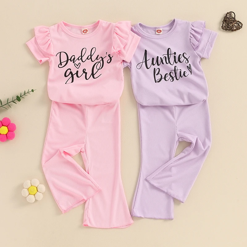 

Toddler Kids Baby Girls Clothes Sets Ribbed Letter Print Ruffles Sleeve O-neck T-shirts Tops+Elastic Waist Flare Pants Outfits