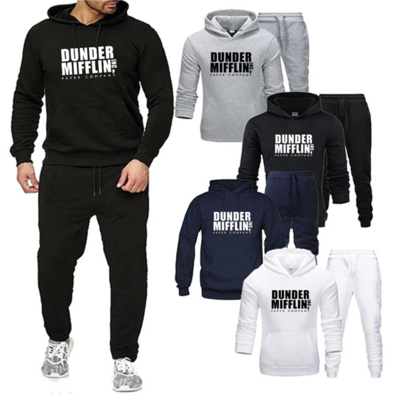 

The Office Dunder Mifflin Sets Printed Tracksuit Men Hooded Sweatshirt+Joggers Pants Pullover Hoodie Sportwear Suit Casual Suits