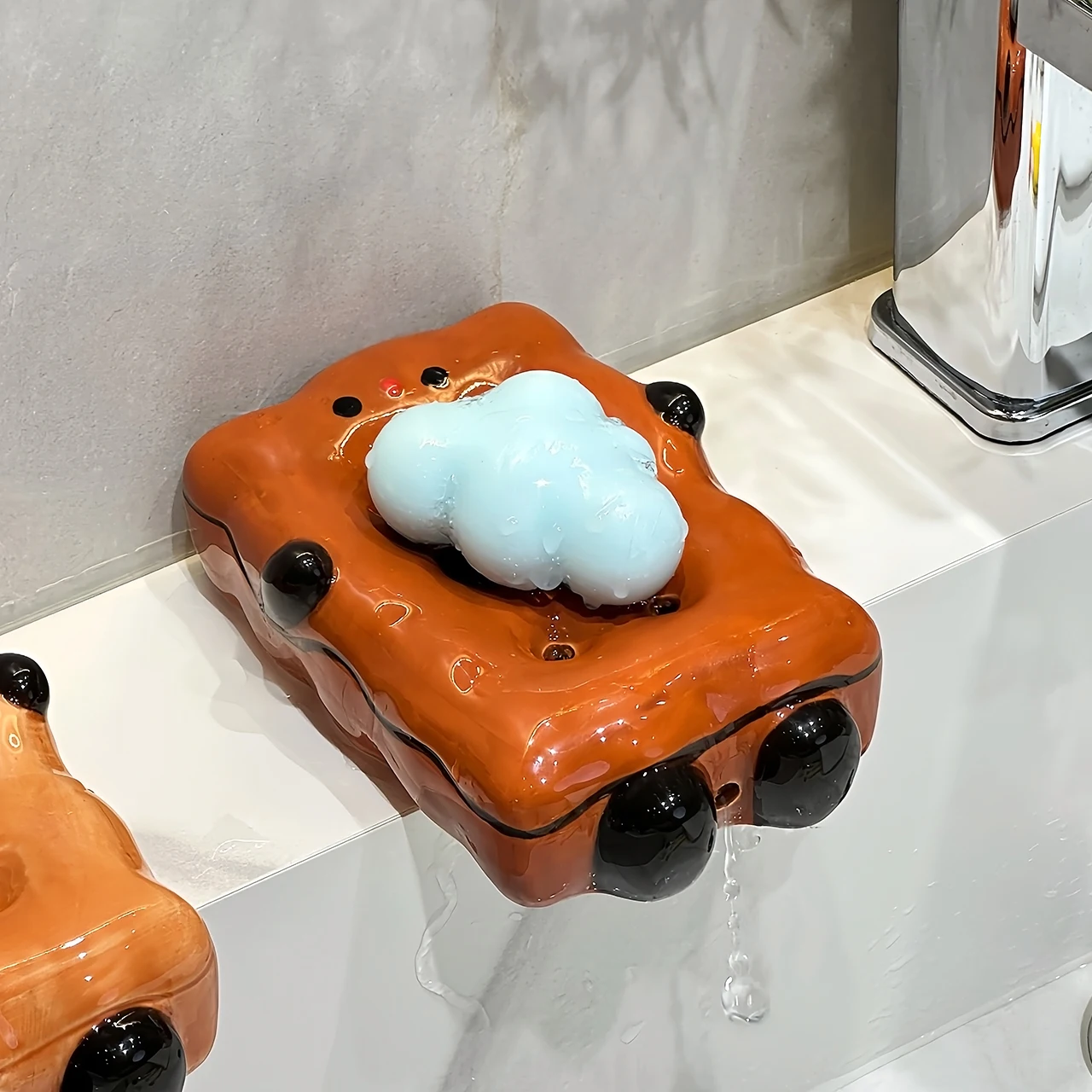 Ceramic Cute Cartoon Biscuit Shaped Soap Dish Storage Rack, Home Bathroom Supplies Creative Light Luxury Drain, No Punching, 1Pc