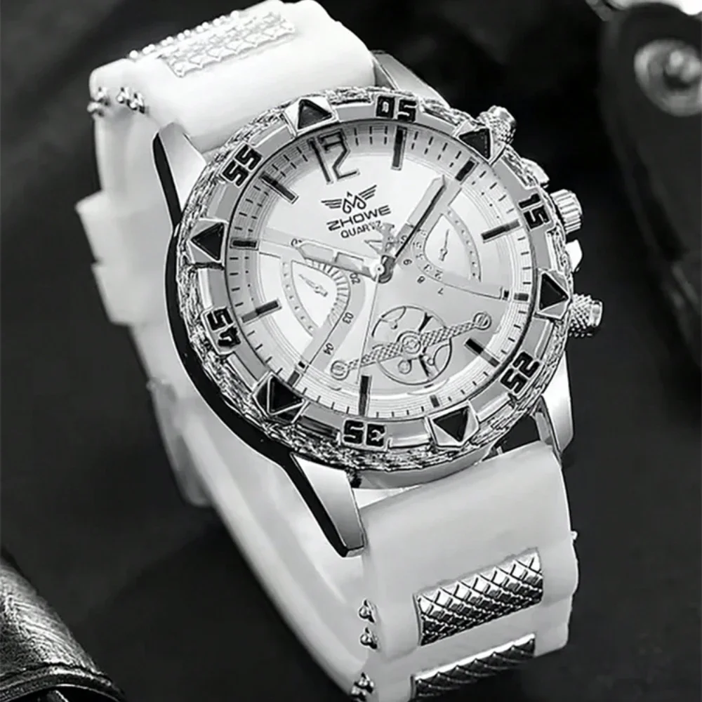 Business 2PCS Men's Fashion casual Luxury Silicone Band Diamond Quartz Bracelet Wrist Watch set（Box Not Included ）