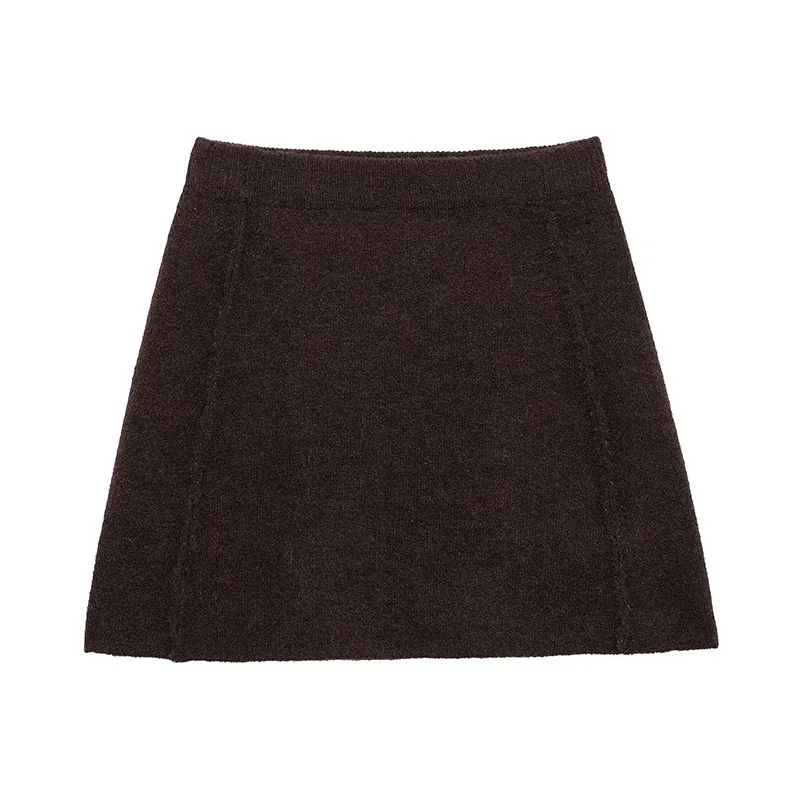Elegant Brown Skirt Suits Knitted O-Neck Long Sleeve Metal Button Cardigan High Waist A-line Mini Skirts 2025 Spring Lady Outfit