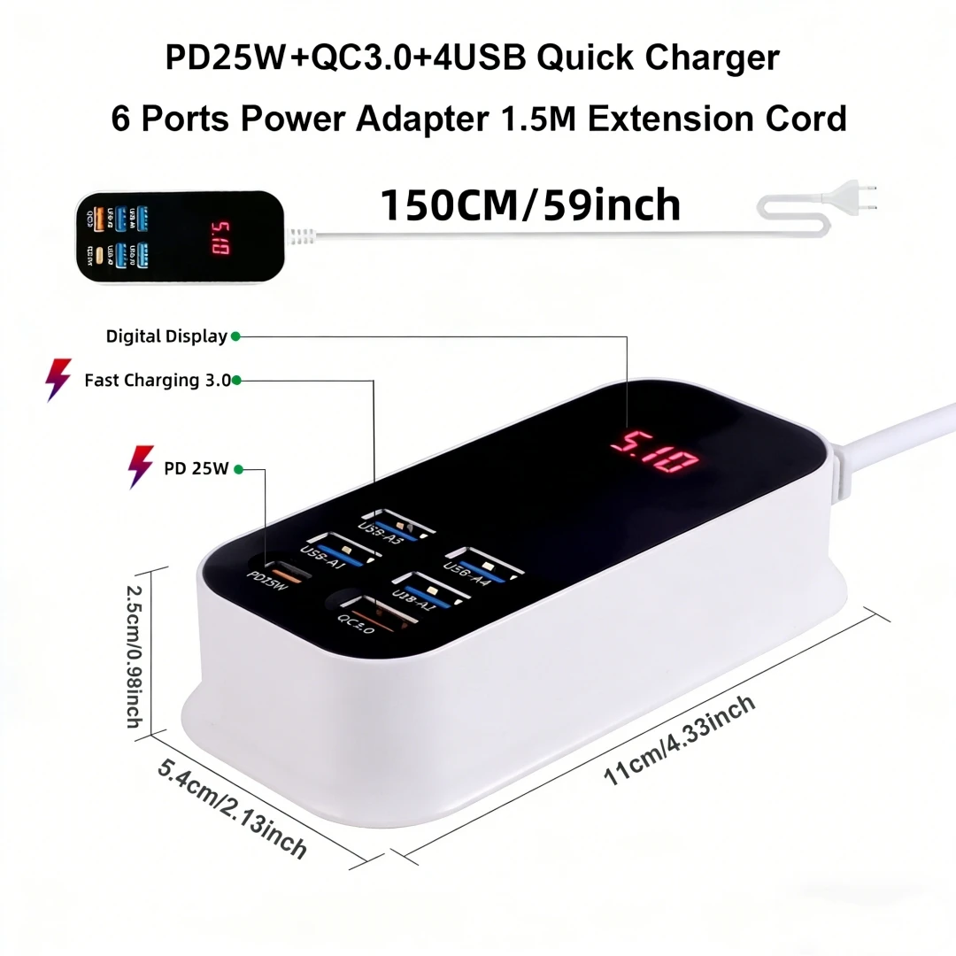 รูปสินค้า อะแดปเตอร์ชาร์จเร็ว 6 พอร์ต USB-C PD 50W พร้อมไฟ LED
