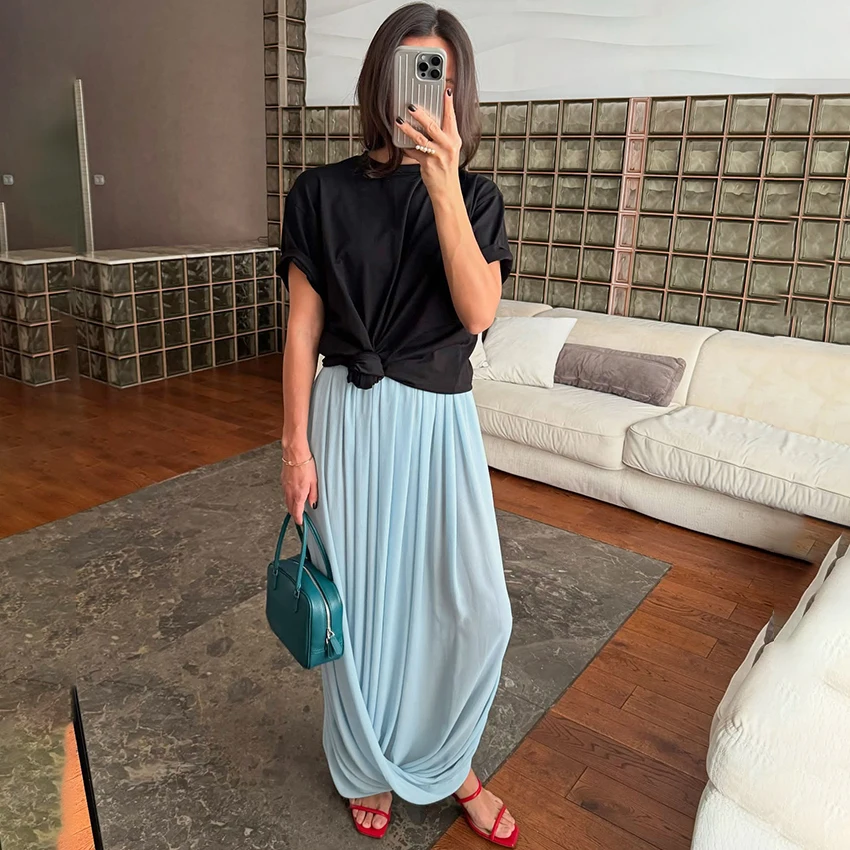 Linad Elegant Chiffon Blue Split Long Skirts Woman Casual Elastic Waist Straight Skirt Female Fall Street Chic Loose Skirts 2025