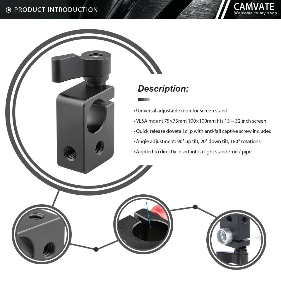 15mm Single Rod Clamp Adapter With Adjustable Khumbscrew & 1/4" Threaded Holes F