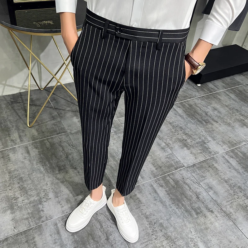 Lars Amadeus Men's White Stripe Dress Pants Slim Fit Vertical Stripe Formal  Pants Business Trousers 28 at Amazon Men's Clothing store