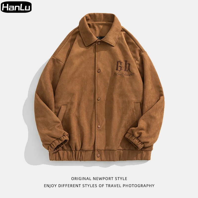 Men's Autumn and Winter New Texture Deerskin Fleece Coat Couple Loose Embroidered Jacket Casual Coat Hong Kong Style Men's Wear