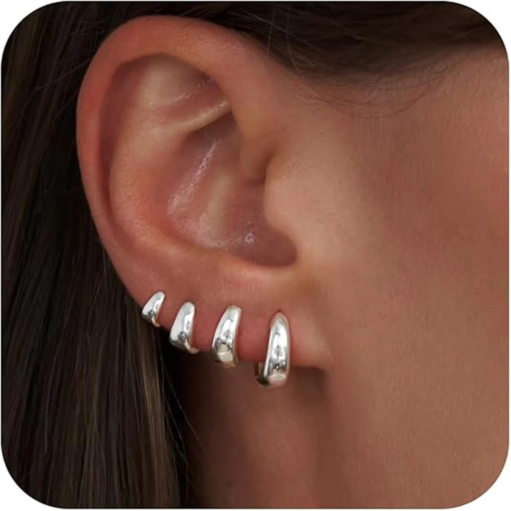 14K vergoldete klobige Creolen für Damen, Huggie-Ohrringe aus Sterlingsilber, Knorpel-Mulpitle-Piercing-Stapel-Schmuck