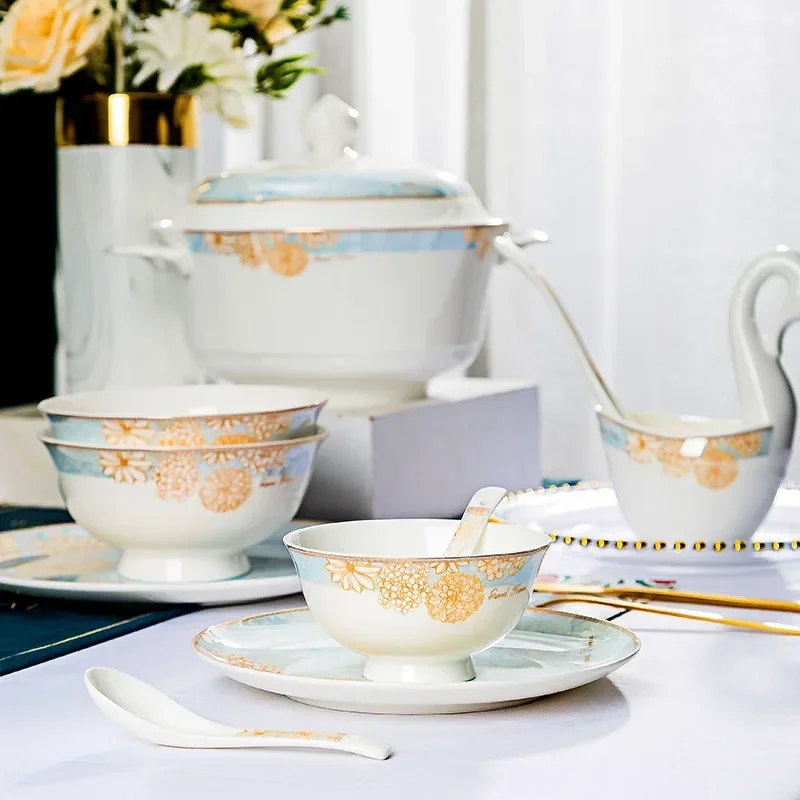 Bone china tableware set, full set of tableware and chopsticks combination for household use