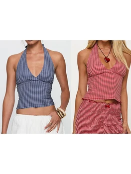 Stylish Plaid Sleeveless Halter Neck Tank Top with Open Back Design for Women s Summer Party Outfits 3