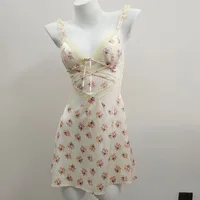 Sexy Pajamas 2025 Women's Sleepwear New High Quality Printed Bow Floral Small Chest with Chest Pad Ice Silk Suspender Nightdress
