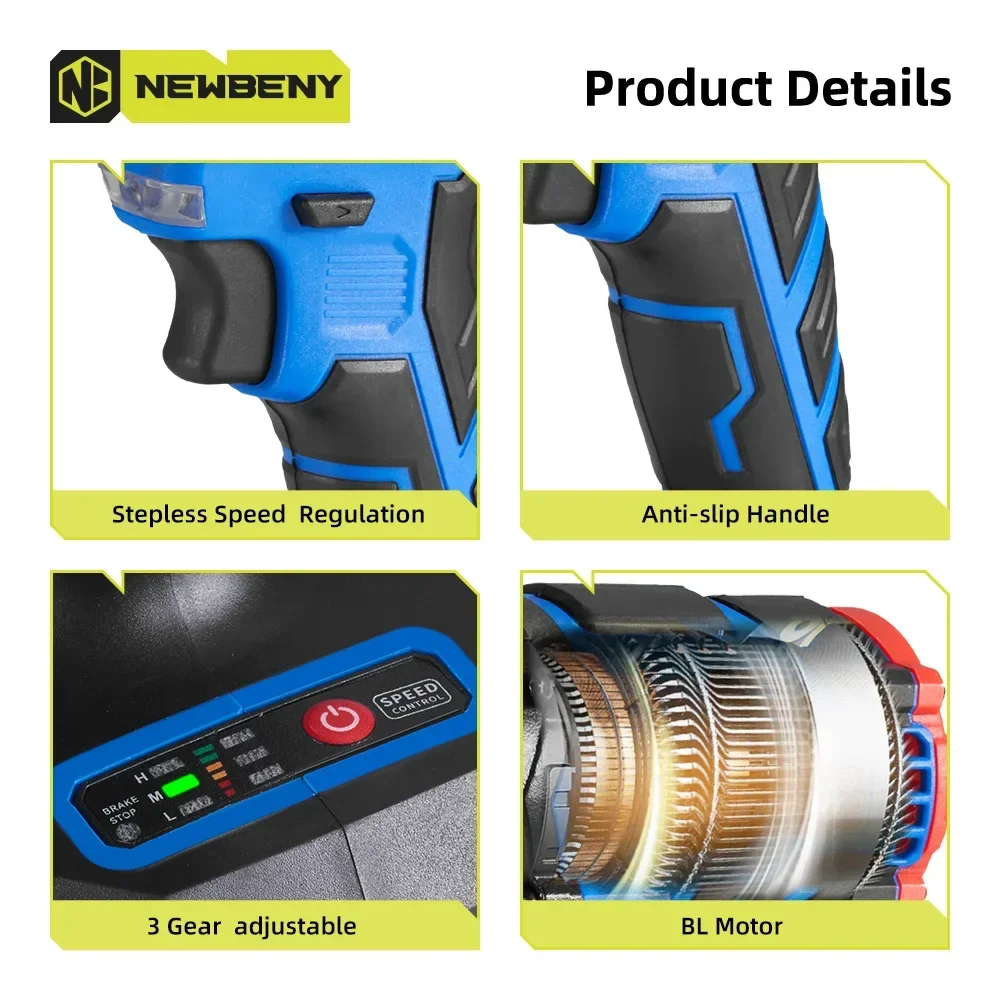 NewBeny 1000N.m Brushless Electric Impact Wrench 1/2 inch 3 Gears Cordless Rechargeable Power Tools For Makita 18V Battery 4