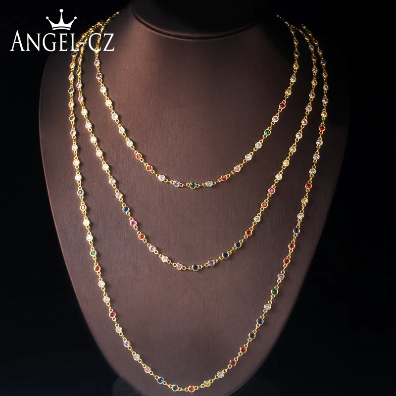 

ANGELCZ Boho Colorful Long Clavicle Necklace for Women Trendy Rainbow CZ Zirconia Round Charm Chain Jewelry Party Gift AN021