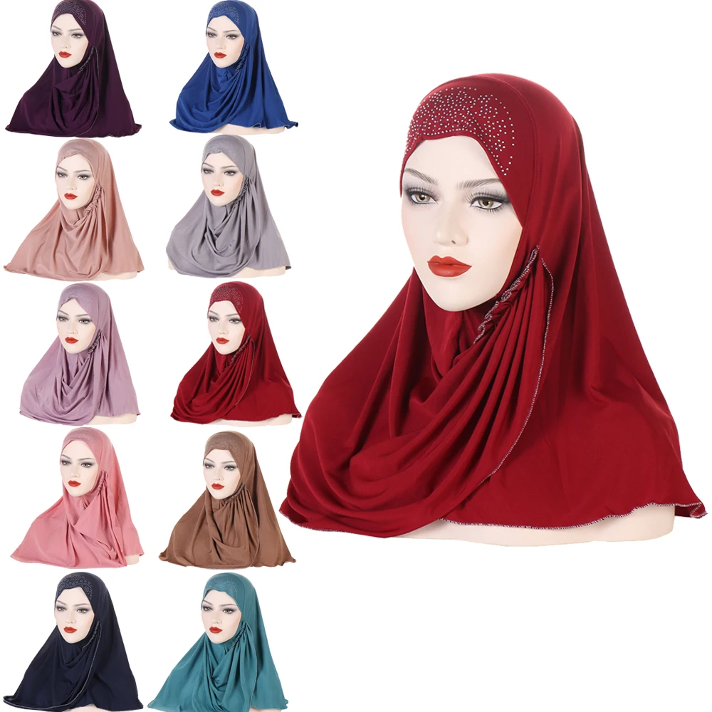 

Women Muslim Rhinestone Instant Hijab High Quality Turban Islamic One Piece Amira Shawl Prayer Khimar Burqa Femme Headwrap Scarf