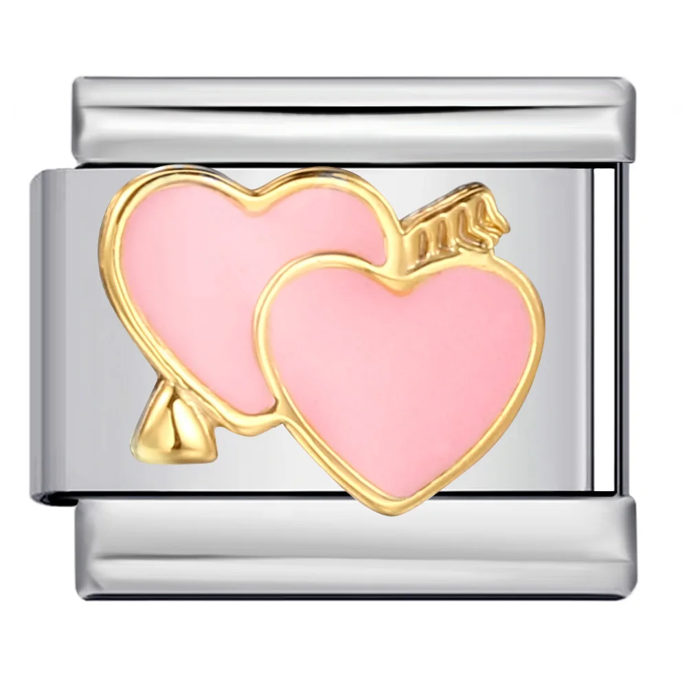 Elegante goldfarbene Zwei-Herz-Weingläser, Amor, italienische Link-Charms, passend für 9 mm Edelstahl-Schmuck-Design-Armbänder, DIY-Herstellung – Detail 4