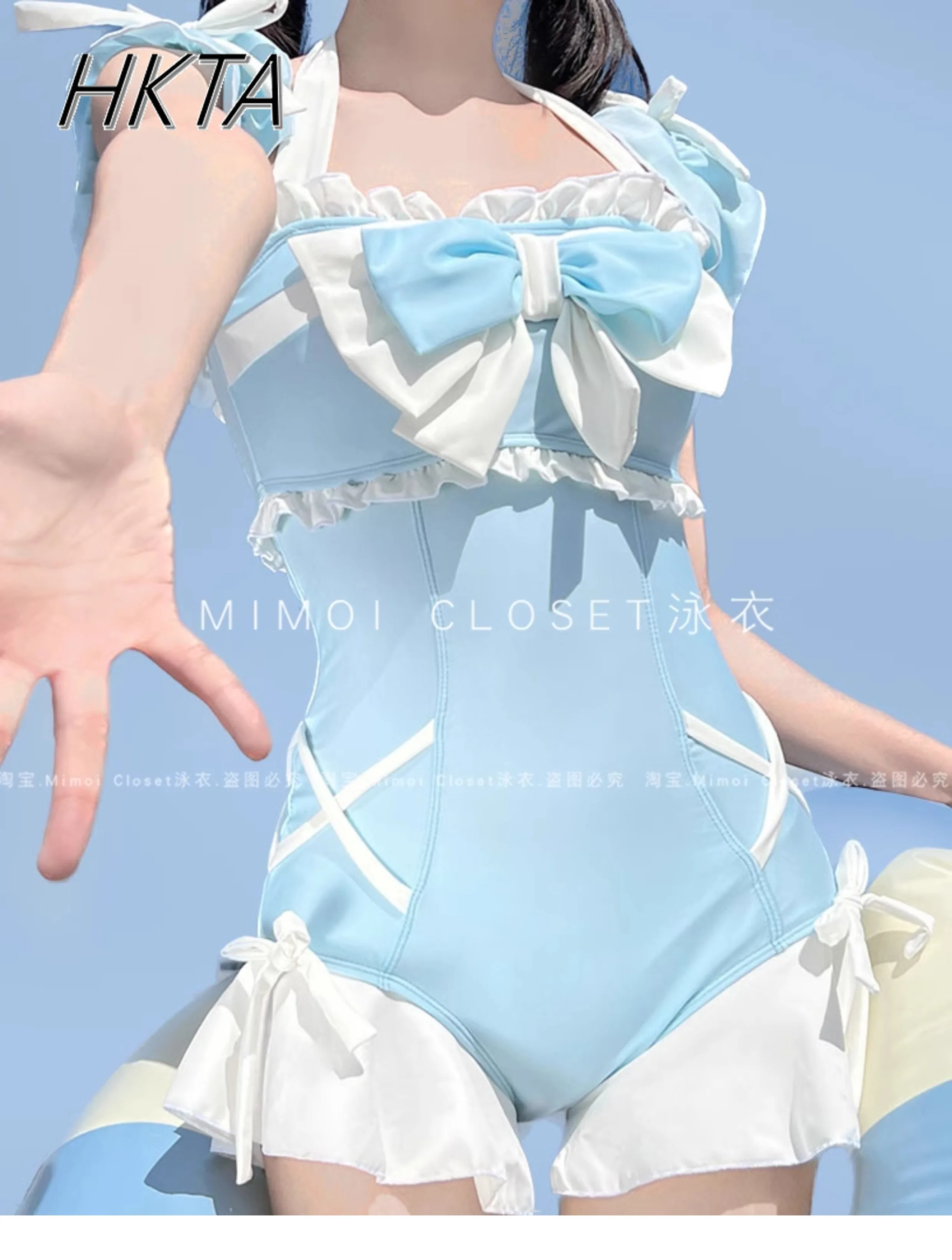 Japanese Lolita Girls Bow Cute Water Blue Swimsuit Hot Spring Bathing Swimwear Japanese Style Women One Peice Swimming Suit 1