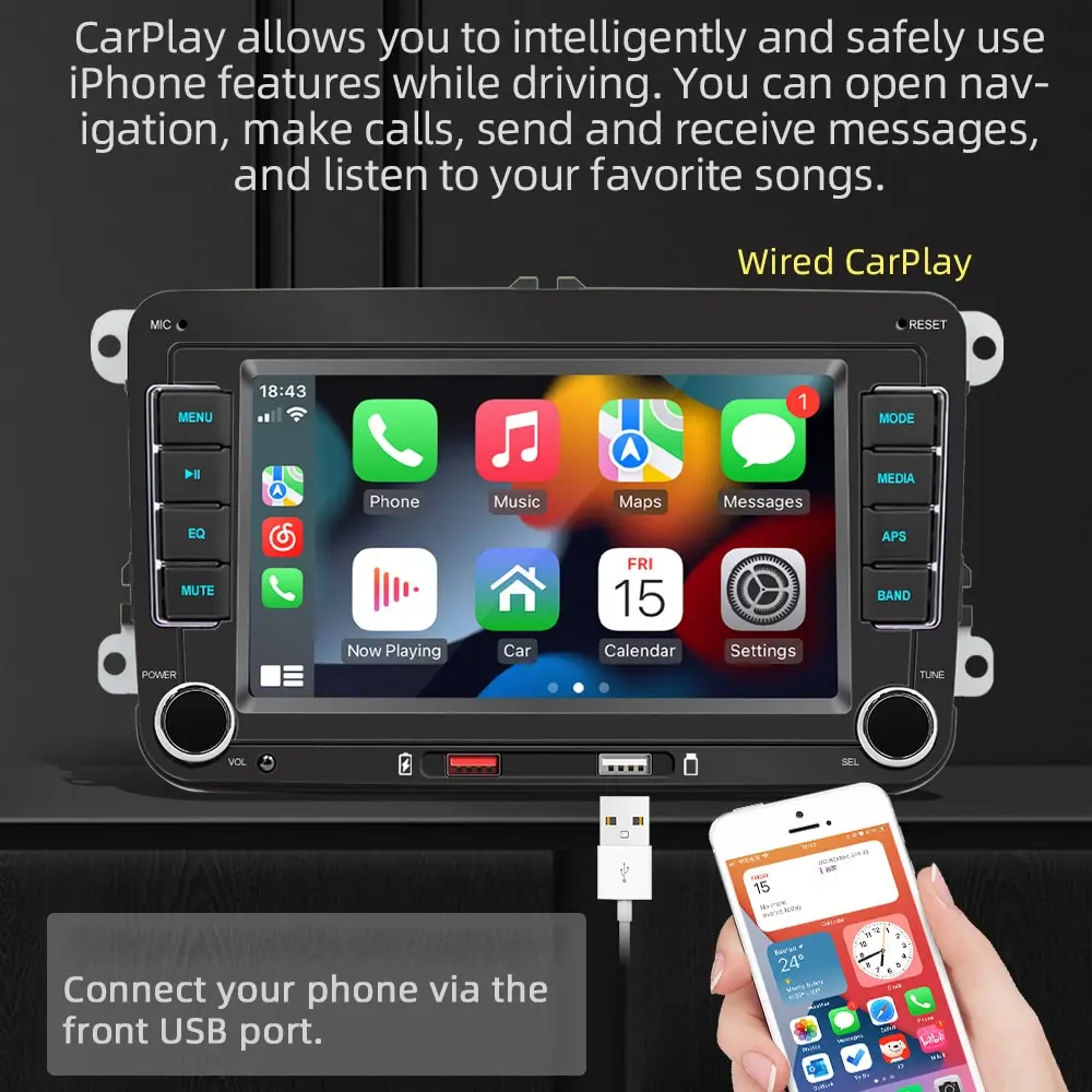 7 Inch Car Stereo MP5 Player Touchcreen BT AM/FM Radio Receiver with Android Auto Carplay USB Charge Support Hands-Free Calling