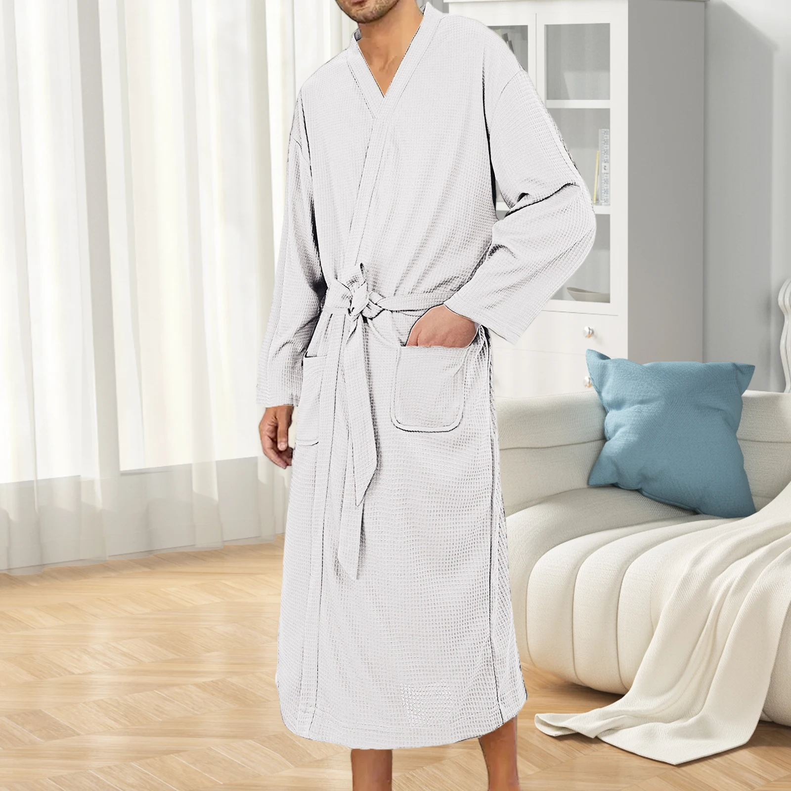 رداء حمام وافل للرجال بأكمام طويلة بلون سادة مريح وخفيف الوزن مع حزام ملابس نوم