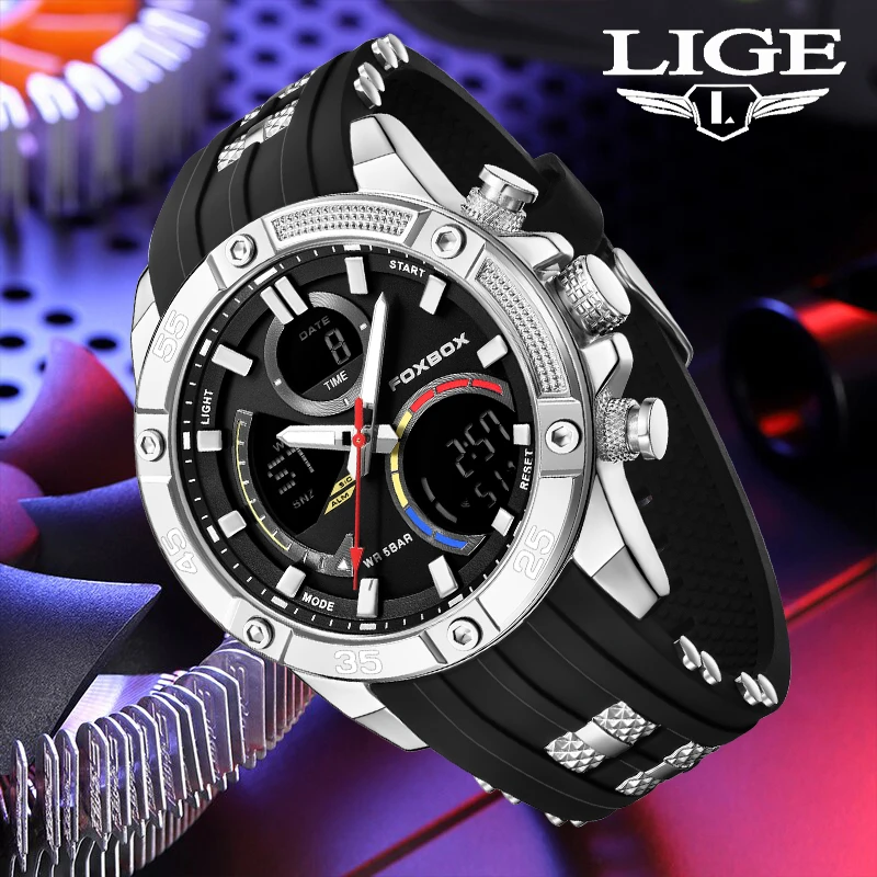 LIGE Luxury Brand New Dual Display Mens Watches LED Digital Sports Military Wristwatches Men Chrono Alarm Watch 50M Waterproof