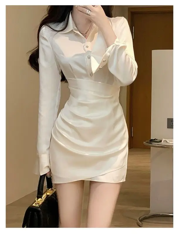 우아한 새틴 소재 솔리드 캐주얼 슬림 드레스 여성용, 프랑스 버튼 디자이너 미니 드레스, 한국 스타일, 2023 봄