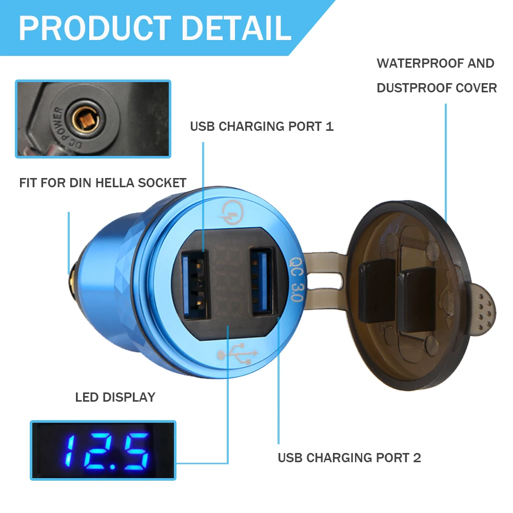 QC3.0 Dual USB TYPE C DIN Hella Motorcycle Charger LED Digital Display For  BMW R1200RT R1250GS Adventure R1200GS F650GS K1100LT