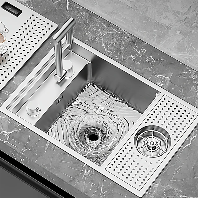 อ่างล้างจานแบบซ่อนในเคาน์เตอร์บาร์ ขนาดเล็ก ผลิตจากสแตนเลส ASRAS SUS 304 ขัดเงา พร้อมที่ล้างแก้ว 1