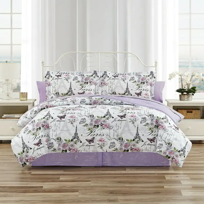 

Paris Floral Lilac Soft Microfiber 6 Piece Reversible Comforter Bedding Set - Twin